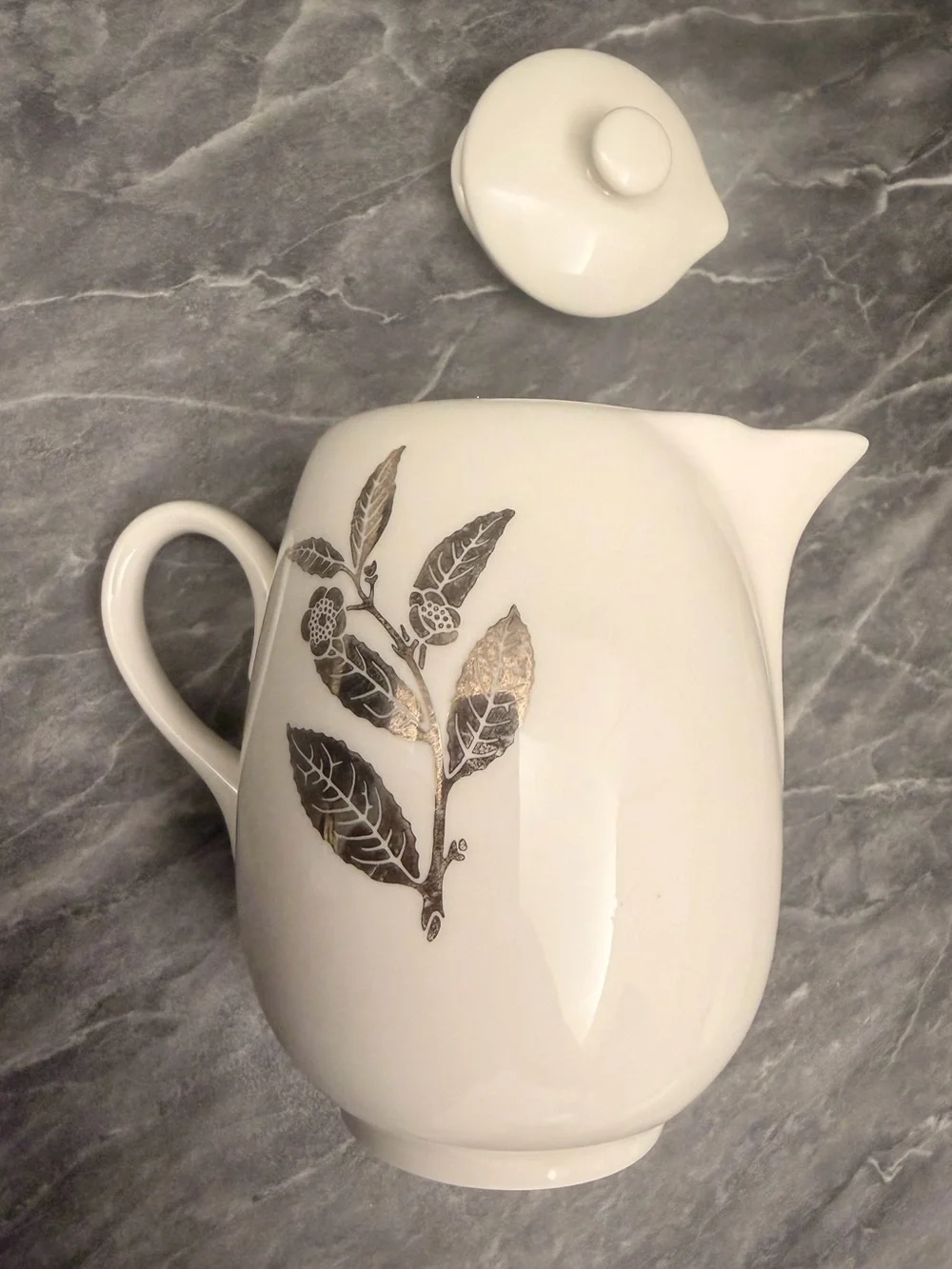 VTG Homer Laughlin Silver Metallic Leaf Teapot with Lid Mid Century Modern MCM